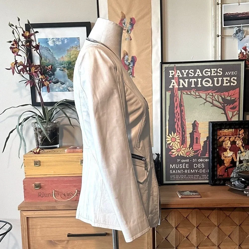 Dawn Levy Cream Pearl Designer Leather Jacket with Black Accents